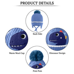 SYGA Baby Winter Cap Wool Animal Print Beanie with Pom Pom Warm Ear Protection Knitted Hat for Kids 3-10 Years(Dark Blue)