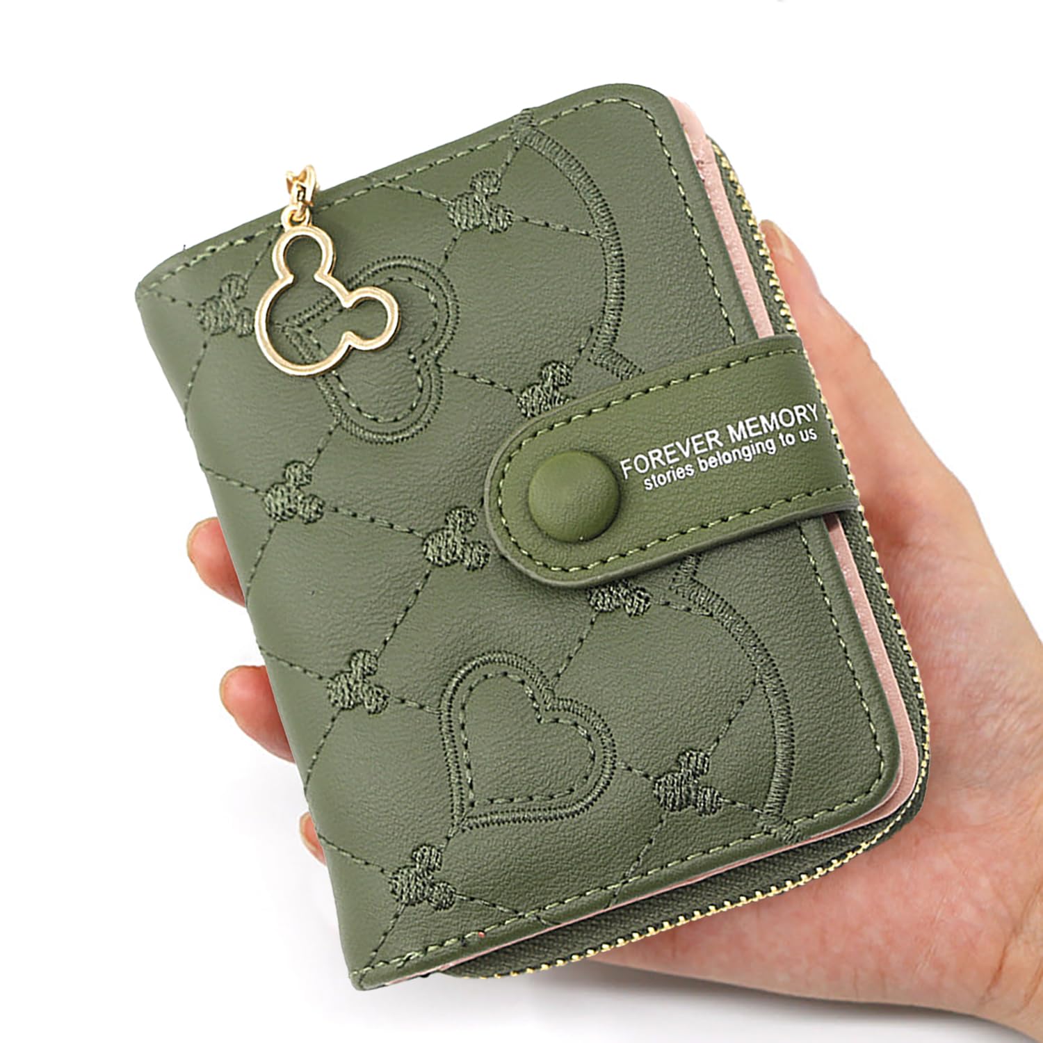 SYGA Women's Short Zipper Buckle Heart Shaped Wallet with Key Chain, Cute for Girls Pu Leather Wallet Coin & Card Purse(Mickey Green)