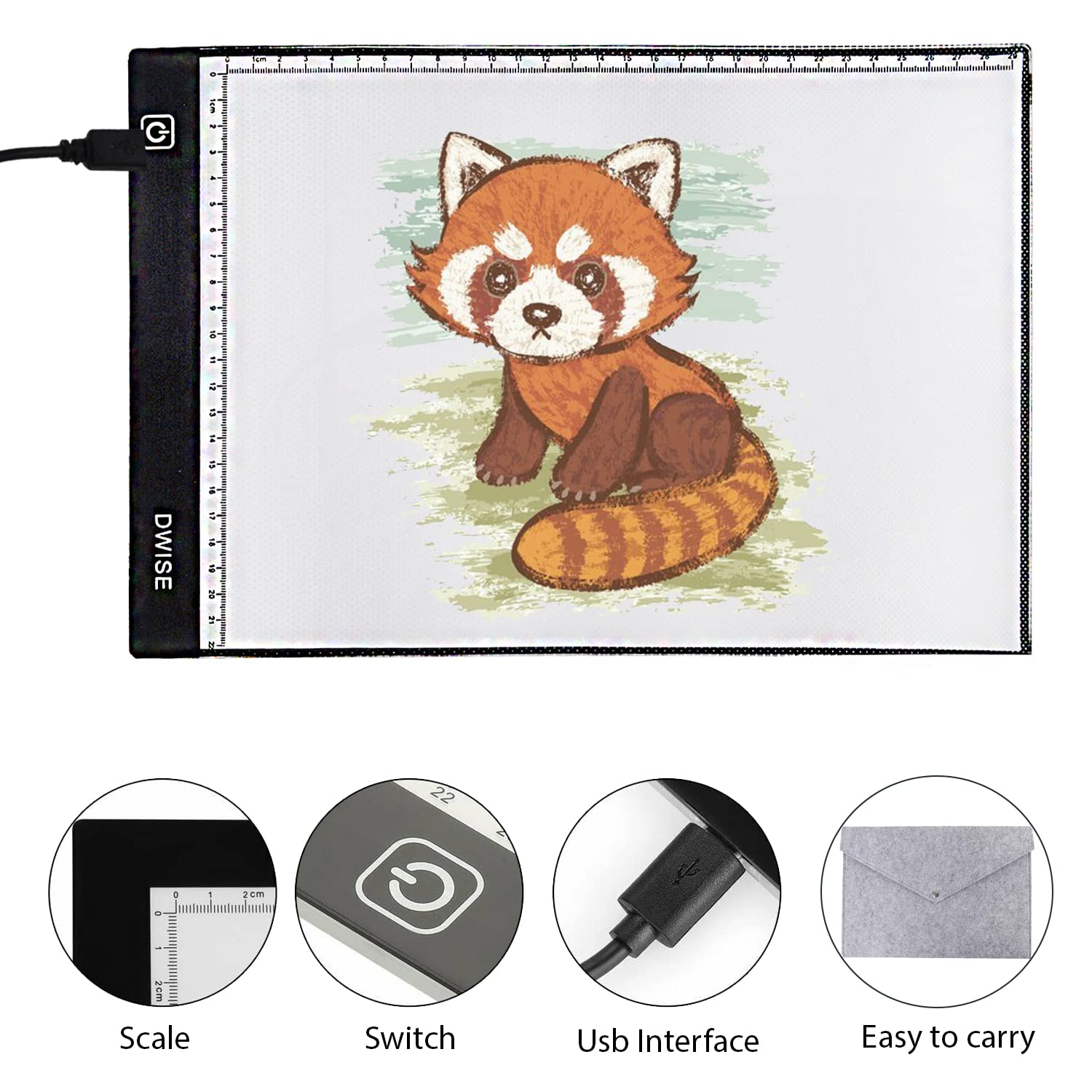 Dwise A4 Size LED Lighted Drawing Tracing Board 3 Adjustable Brightness Touch Button with Scale Measurements