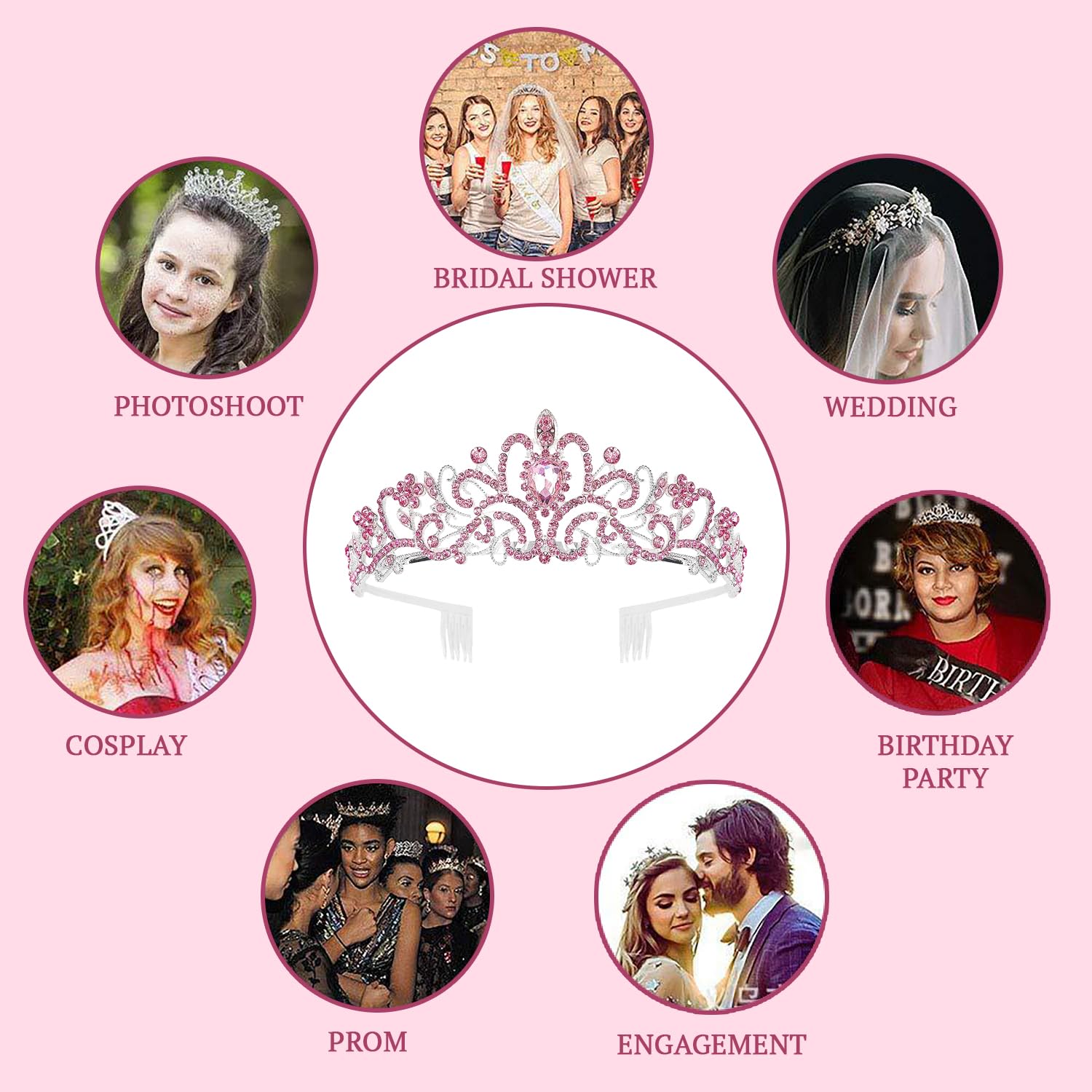 SYGA Bridal Princess Girl Tiara and Rhinestone Crown Headband Hair Accessories for Women Wedding Ceremony Party (Silver Plating + Pink diamonds)