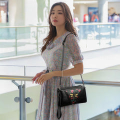 MOMISY Women Embroidery Crossbody Black Bag Small Shoulder Purse Soft Synthetic Leather Mobile Cell Phone Bag For Ladies (Dragonfly)