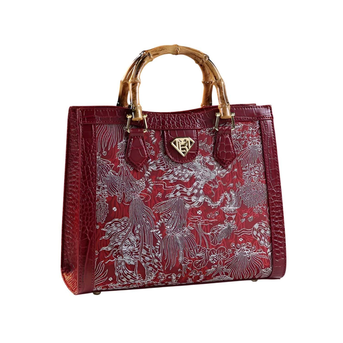 SYGA Women Elegant Embroidered Bamboo-Style Tote – PU Vertical Square Handbag