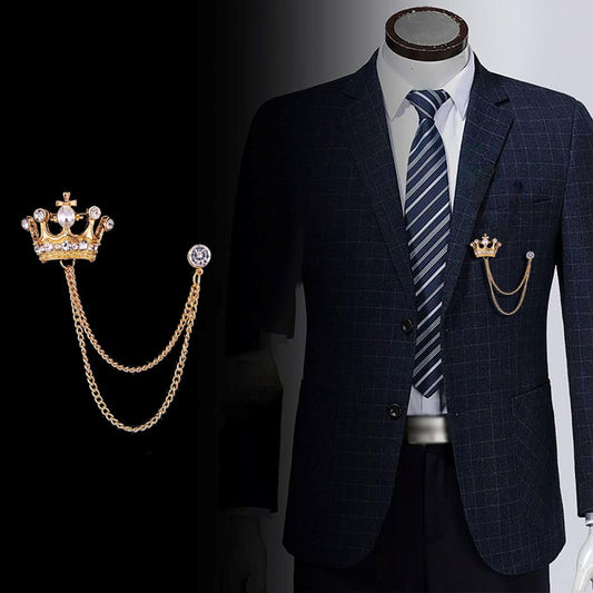 SYGA Men' s & Women Suit Shirt Stud Lapel Pin Chain Tassel Brooch Pin with Crystal Chain(Golden Crown)