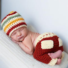 MOMISY Newborn Photography Prop Set, Crochet Striped Cap and Red Pants, Handmade Costume