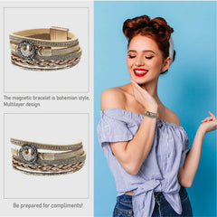SYGA Bohemia Multilayer Bracelet Leather Wrap Retro Wristband Magnet Buckle Cuff Bangle Elastic Tassel Bracelet, Stackable Bracelet for Boy and Girl, Party, Holiday, Beach Accessories - Black