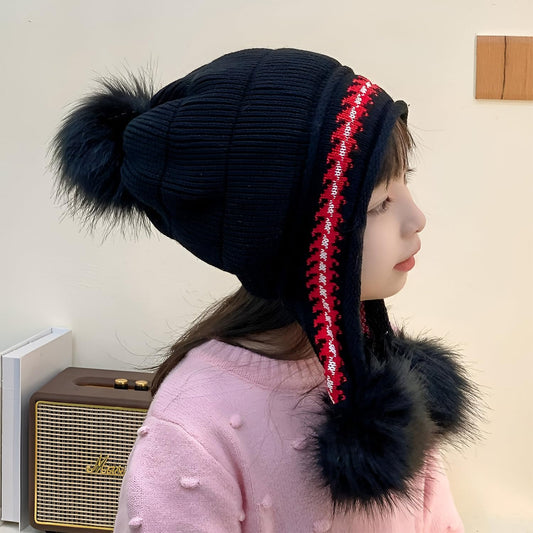 MOMISY Girl's Winter Warm Pom-Pom Balaclava Hat Full Cover Earflap Hood Cap_5-10 Years (Black)
