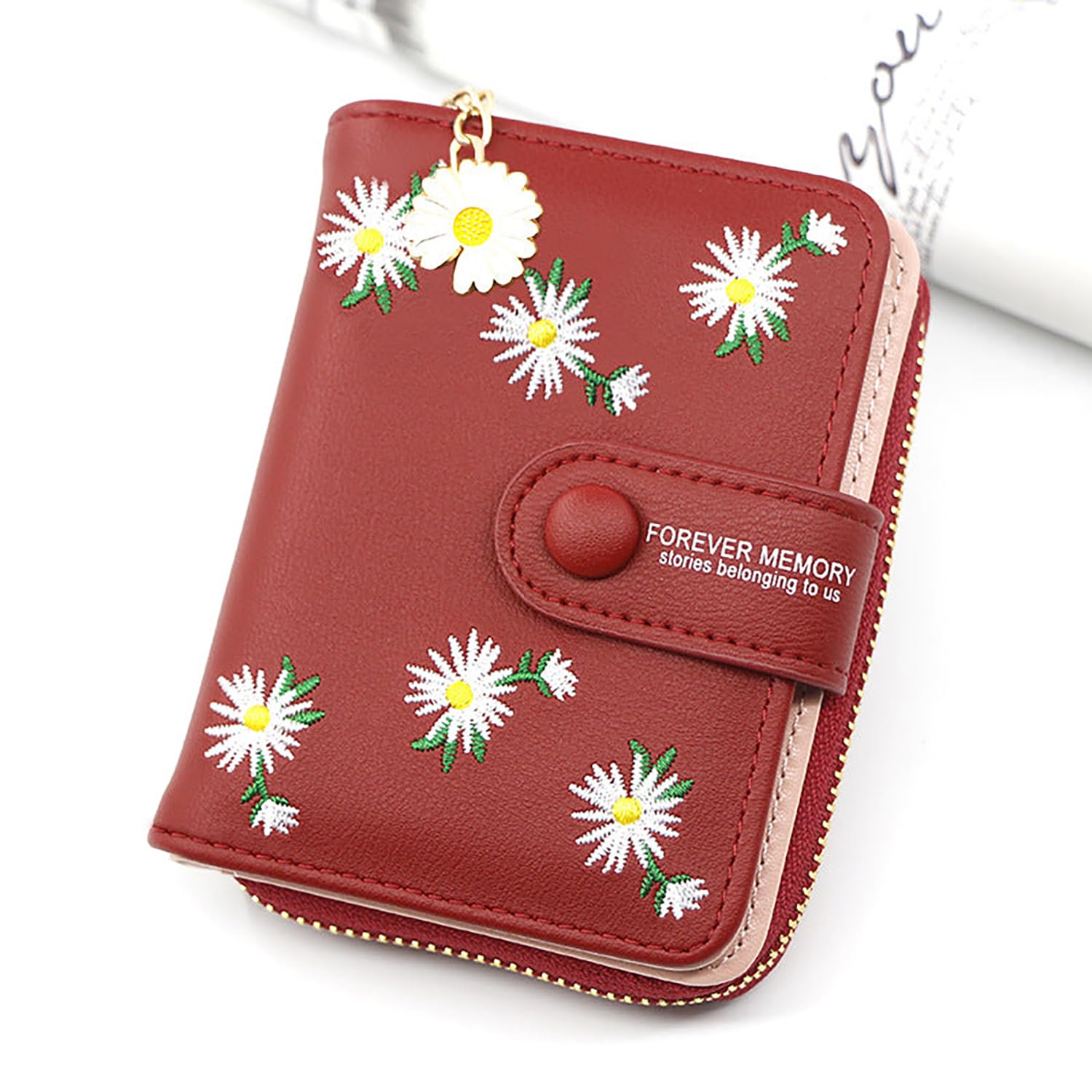 SYGA Women's Short Zipper Buckle Personalized Pu Leather Wallet Coin & Card Purse(Flower Red)