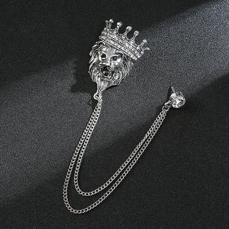 SYGA Men's & Women Classic Animal Lion Head Corsage Suit With Eagle Chain Lapel Pin Tassel Brooch Pin with Crystal Chain(Ancient silver crown lion head)