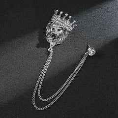 SYGA Men's & Women Classic Animal Lion Head Corsage Suit With Eagle Chain Lapel Pin Tassel Brooch Pin with Crystal Chain(Ancient silver crown lion head)