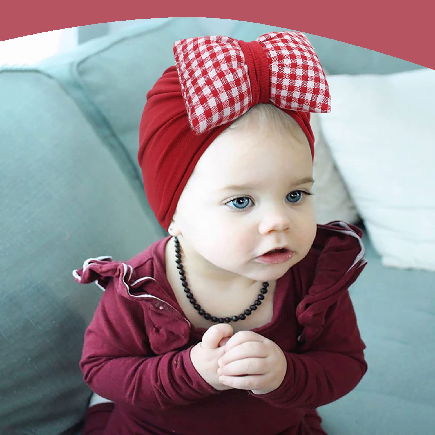 SYGA Plaid Bow Knot Turban Hat for New Born Baby Cap Streachable Toddler Infant Baby Head Wear Hats 0-4 Years (Light Gray (Pink Bow))