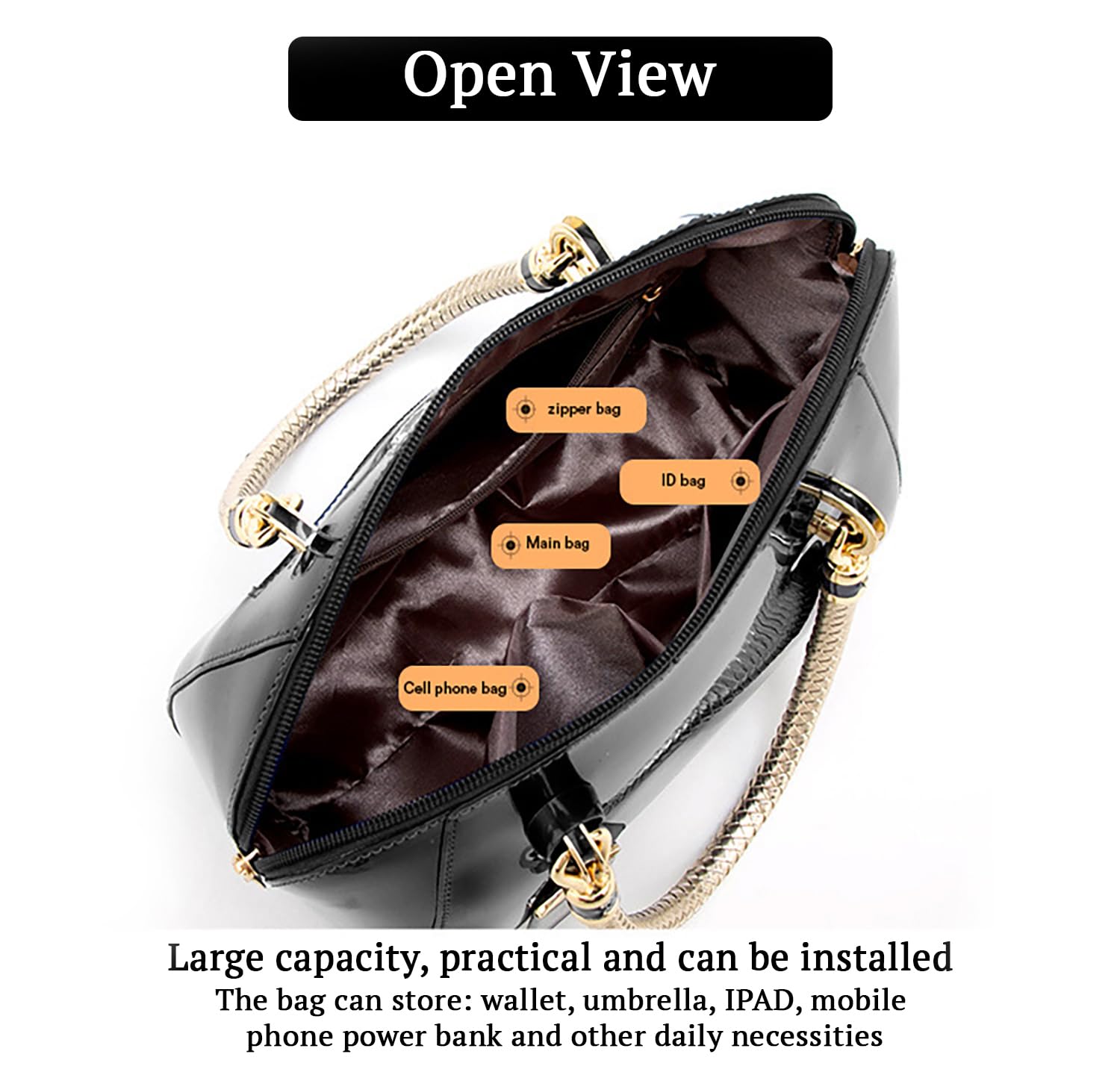 SYGA Gloosy versatile patent leather Women's bags, texture and personality, portable Handbag, Crossbody bag(BLACK)