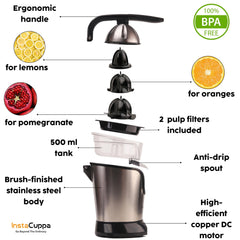 InstaCuppa Citrus Juicer Electric for Busy Moms, Quiet Copper DC Motor Juice Machine, 3 Cone Sizes, Effortless Ergonomic Handle, BPA-Free, Easy To Clean, 1-Year Warranty, 180 Watts