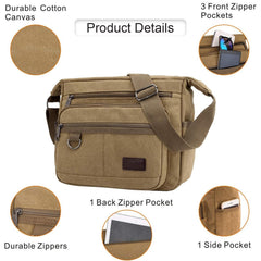 MOMISY Canvas Sling Cross Body Bag Travel Side Bag Office Messenger Bag Business Bag Multi Pocket Shoulder Bag Money Bag for Adults, Men and Women (Khaki)