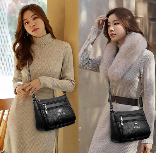 SYGA Leather Women's Shoulder Messenger Bag with Zipper Pockets (Black)