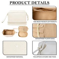 MOMISY Large Capacity Cosmetic Travel Bag, Women's Makeup Travel Bag Portable Leather Cosmetics Bag, Makeup Storage Bags with Handle and Divider, Wide Opening Cosmetic/Makeup Organizer (Cream)
