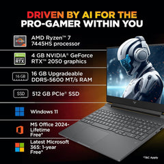 HP Victus, AMD Ryzen 7 7445HS, 4GB RTX 2050, 16GB DDR5(Upgradable) 512GB SSD, FHD, 144Hz, 300 nits, IPS, 15.6''/39.6cm, Win11, M365* Office24, Mica Silver, 2.29kg, fb3123AX, Backlit, Gaming Laptop