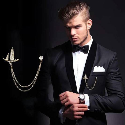 SYGA Men's & Women Suit Shirt Stud Lapel Pin Chain Tassel Brooch Pin with Crystal Chain(golden sail)