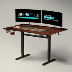 Jin Office Octave Height Adjustable Desk Electric | Sit Stand Table, 80 Kg Wt. Cap, 2 Year Warranty| Standing Desk with Memory Preset, Cup Holder| Stability Crossbar| Brown 1200*750mm/25mm Thick Top