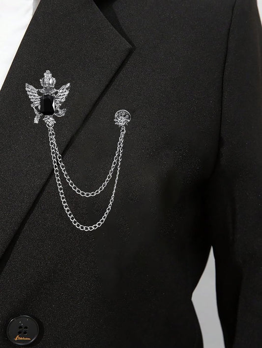 SYGA Luxury Crown Style Brooch for Men's & Women Suit Shirt Stud Brooch Lapel Pin Brooch Pin Chain Tassel Brooch Pin with Crystal Chain(Silver Crown Eagle Black Gemstone)