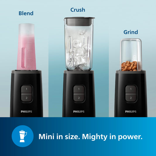 Philips HR2603/90 Mini Blender Mixer Grinder | Smoothie Maker | 350W Power | 3-Jar Capacity | With Variable Speed Control | Perfect for Smoothies, Mixing & More, Black