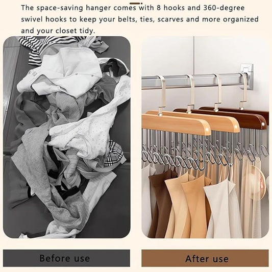 MOMISY Tie Belt Clothes Wooden Hanger Storage Wood Wardrobe Organizers for Men Women Scarf Bag (8 Hooks Natural)