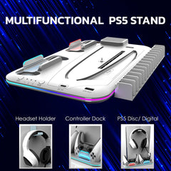Ant Esports Dock5 RGB with Cooling Fan and Dual Controller Charger Station, PS5 Console Disc & Digital Edition, PS5 Cooling Station Accessories with RGB Light/Headset Holder/6 Game Slots/Screw (White)