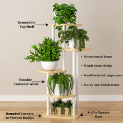 STANSY 5 Tier Plant Stand with Wheels | Multi-Layer Metal Flower Shelf for Indoor & Outdoor Use | Heavy-Duty Wooden Laminate Display Stand for Home, Balcony, Living Room(Light Walnut + White, 106cm)