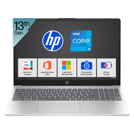 HP 15, 13th Gen Intel Core i5-1334U Laptop (12GB DDR4,512GB SSD) Anti-Glare,Micro-Edge,15.6''/39.6cm, FHD, Win11,M365,Office24, Silver,1.59kg, Iris Xe Graphics, FHD Camera w/Privacy Shutter, fd0575TU