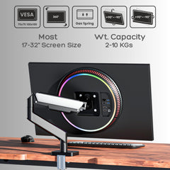 Flowlyf Premium Gas Spring Monitor Arm | 17-32" Screen Monitor VESA Mount |Gorgeous Black & White Color Combo| Height Adjustability | 360 Degree Rotation | 10kg Weight Capacity | 2 Way Wire Manager
