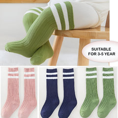 MOMISY 3 Pairs Combed Cotton Knee-High Socks, Striped, 3-5 Years