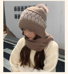 SYGA Women Winter Knitted Warm Hat With Scarf,Ear Protection Pompom Woolen Hat For Adult (White), Free Size