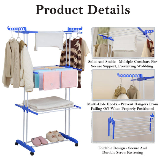 STANSY 3-Tier Heavy Duty Cloth Drying Stand with Wheels, Foldable Laundry Dryer Rack, Stainless Steel Drying Stand for Home, Balcony, Indoor Use, Blue