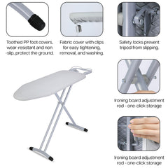 STANSY Foldable Ironing Board with Adjustable Height, Metal Frame, Grey, Padded Surface, Space-Saving Design (Large)