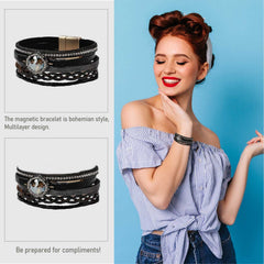 SYGA Bohemia Multilayer Bracelet Leather Wrap Retro Wristband Magnet Buckle Cuff Bangle Elastic Tassel Bracelet, Stackable Bracelet for Boy and Girl, Party, Holiday, Beach Accessories - Black