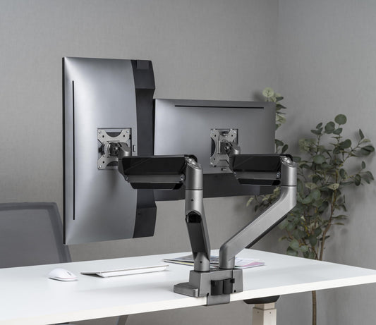 Jin Office Heavy Duty Dual Monitor Stand with Gas Spring Height Adjustment for 13-35" Monitors | Adjustable Double Monitor Arm | 2 Monitors Desk Mount | 15 KG Weight Capacity per Arm (Premium Silver)