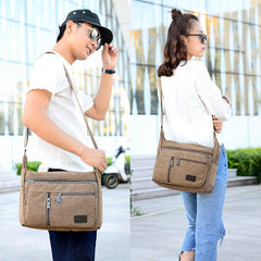 MOMISY Canvas Sling Cross Body Bag Travel Side Bag Office Messenger Bag Business Bag Multi Pocket Shoulder Bag Money Bag for Adults, Men and Women (Brown)