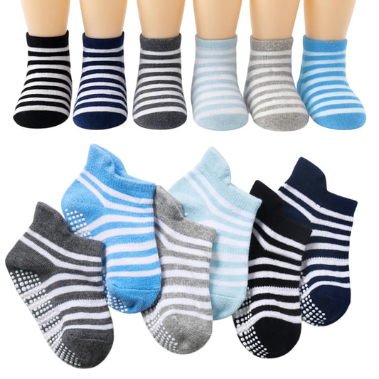 MOMISY Baby Girl Boys Non Slip Socks Kids Toddlers Infant Cotton Stretch Anti-Slip-6 Pairs (Dotted-Striped, 3 to 5 years)