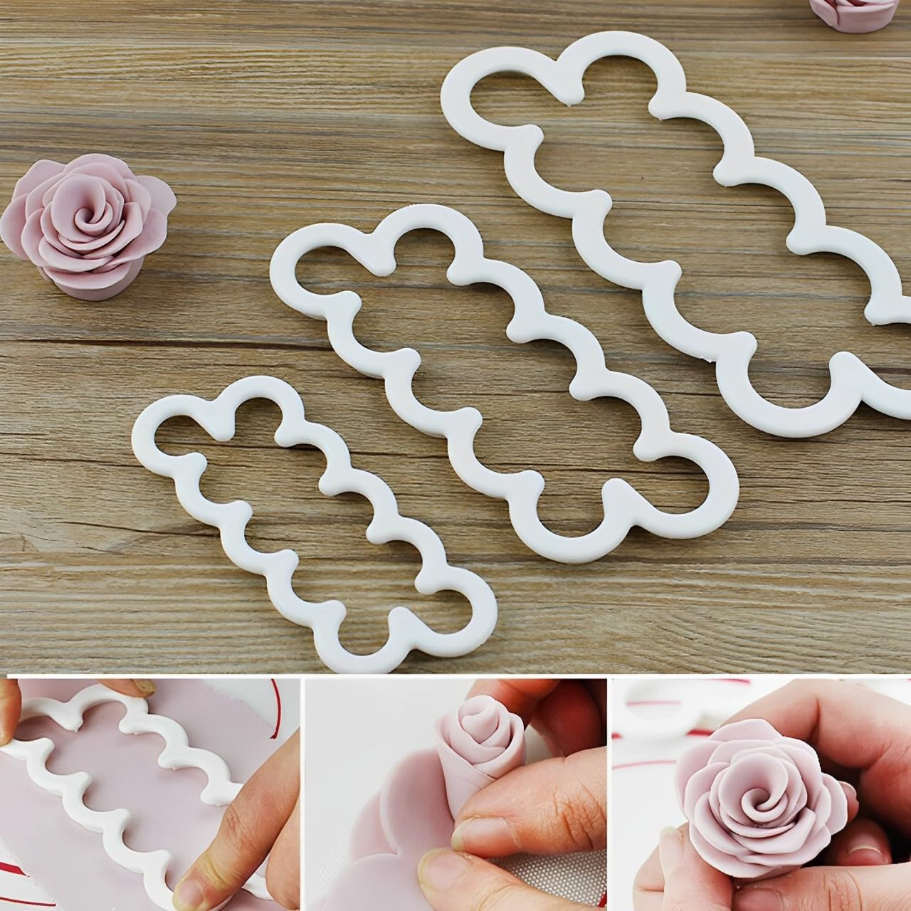 Syga 3pcs Cake Decoration Mold, DIY One-Piece Molded Fondant Roses Printing Mould Tool Set, Food Grade Cutter Modeling Tools for Christmas Party Wedding Cake in Mould Dessert Decorators, White