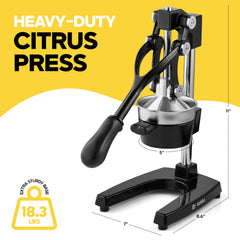 Eurolux Cast Iron Citrus Juicer | Commercial Grade Manual Hand Press | Countertop Squeezer for Fresh Fruit Juice (Bonus Stainless Steel Cup) (Black)