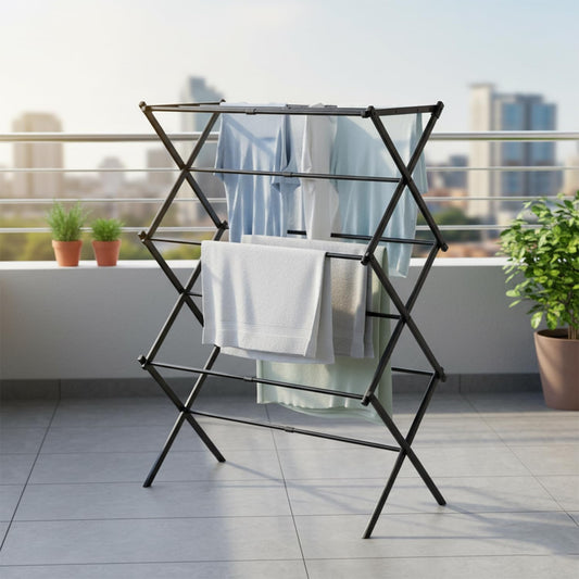 STANSY Foldable Cloth Drying Stand, Multi-Tier Metal Clothes Airer, Space-Saving Freestanding Laundry Rack for Home, Balcony, Laundry Room, Black