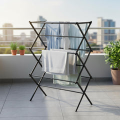 STANSY Foldable Cloth Drying Stand, Multi-Tier Metal Clothes Airer, Space-Saving Freestanding Laundry Rack for Home, Balcony, Laundry Room, Black