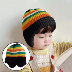 SYGA Baby Winter Cap 1-5 Years Wool Multi-Stripe Warm Knitted Hat with Ear Protection Rainbow hat [Black]