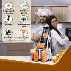 AGARO Imperial Slow Juicer, Professional Cold Press Whole Slow Juicer, 240 Watts Power Motor, 3 Strainers, All-in-1 Fruit & Vegetable Juicer, Grey/Black