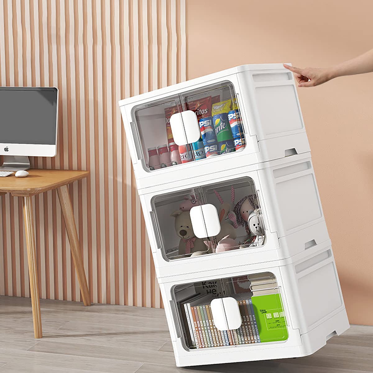 SYGA Large Snack Storage Box Drawer Type Clothes Toy Book Storage Box Home Living Room Finishing Storage Cabinet(White- Transparent)