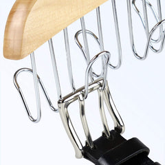 MOMISY Wooden Hanger with 12 Hooks Adjustable Tie, Belt, Scarf & Jewelry Organizer, Brown, Glossy Finish