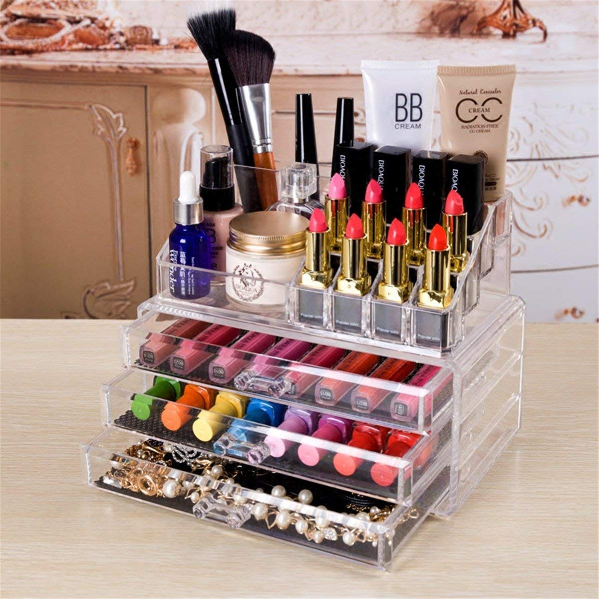 SYGA 1 Piece Acrylic 3 Drawers 16 Grid Stackable Cosmetics Makeup Storage Cube Organizer Jewelry Storage Display Box