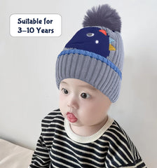 SYGA Baby Winter Cap Wool Animal Print Beanie with Pom Pom Warm Ear Protection Knitted Hat for Kids 3-10 Years(Dark Blue)