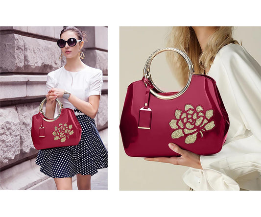 SYGA Women's Glossy Patent Leather Handbag With Flower Design & Color (White)