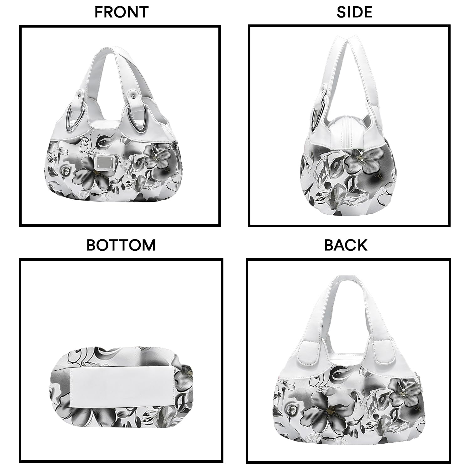 SYGA Women's Printed PU Leather Hobo Bag, Multiple Colors and Patterns, Crossbody Shoulder(WHITE INK GRAY FLOWER)