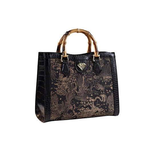 SYGA Women Elegant Embroidered Bamboo-Style Tote – PU Vertical Square Handbag